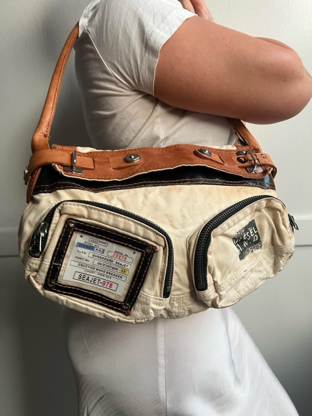 Diesel Cream Canvas Shoulder Bag with Tan Leather Accents